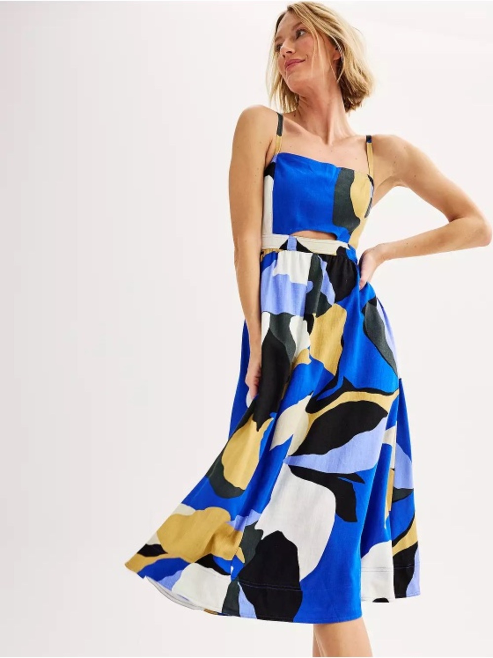 Nine West Blue, Gold & Black Abstract Midi wDress with Cutout XL 16